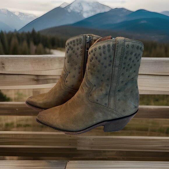 NWOB NWT Lucchese Boots Bootie Zip Women's 6.5 Suede Olive Green w/ Studs #M6040 - Picture 4 of 16